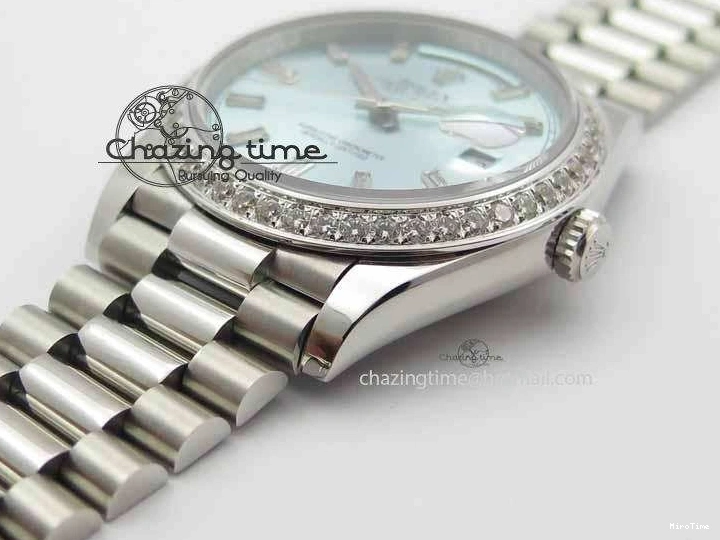 MiroTime 1218 Stylish Day Date 40mm SS BP Maker Best Edition Diamond Bezel Ice Blue Dial On SS Bracelet ETA 3699